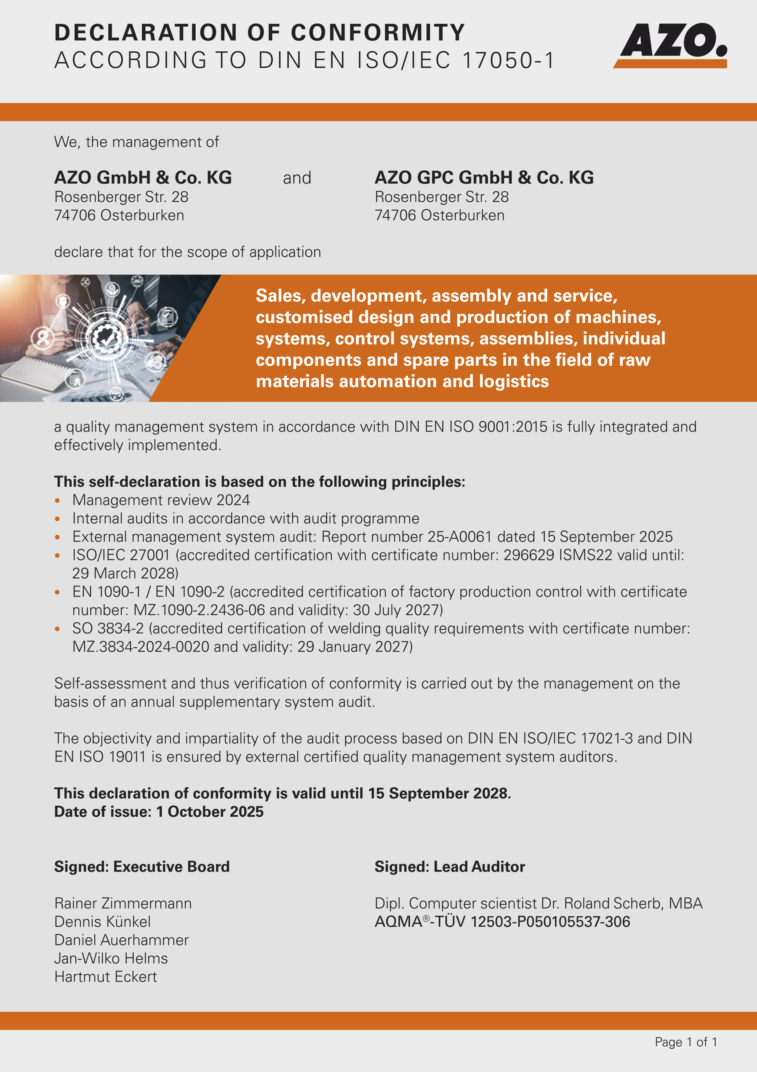 ISO 9001 | Declaration of conformity according to DIN EN ISO/IEC 17050-1